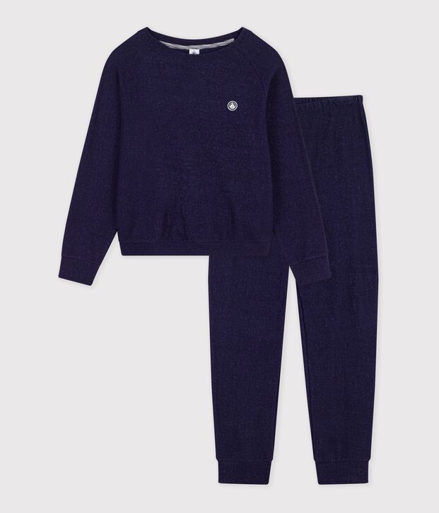 Pyjama femme en coton &eacute;ponge uni bleu marine