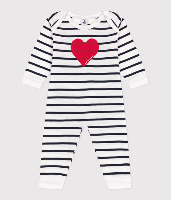 Pyjama bébé en coton ouverture sans pression cœur blanc MARSHMALLOW/bleu SMOKING