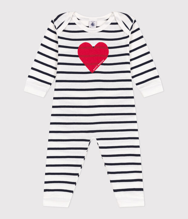 Pyjama b&eacute;b&eacute; en coton ouverture sans pression c&oelig;ur blanc/bleu