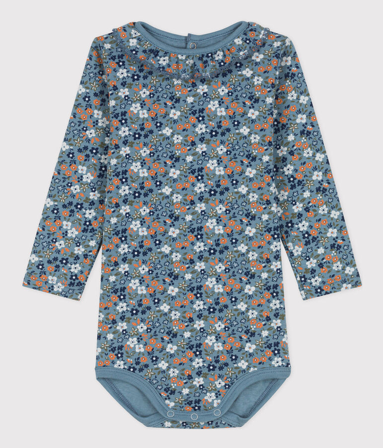Body manches longues b&eacute;b&eacute; &agrave; collerette imprim&eacute; fleuri en coton bleu/multicouleur