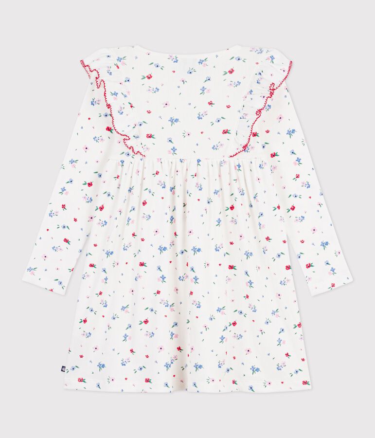 Robe enfant manches longue en coton imprim&eacute;e fleurs blanc/multicouleur