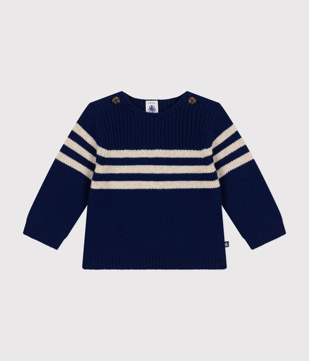 Pull en tricot contenant de la laine bleu/&eacute;cru