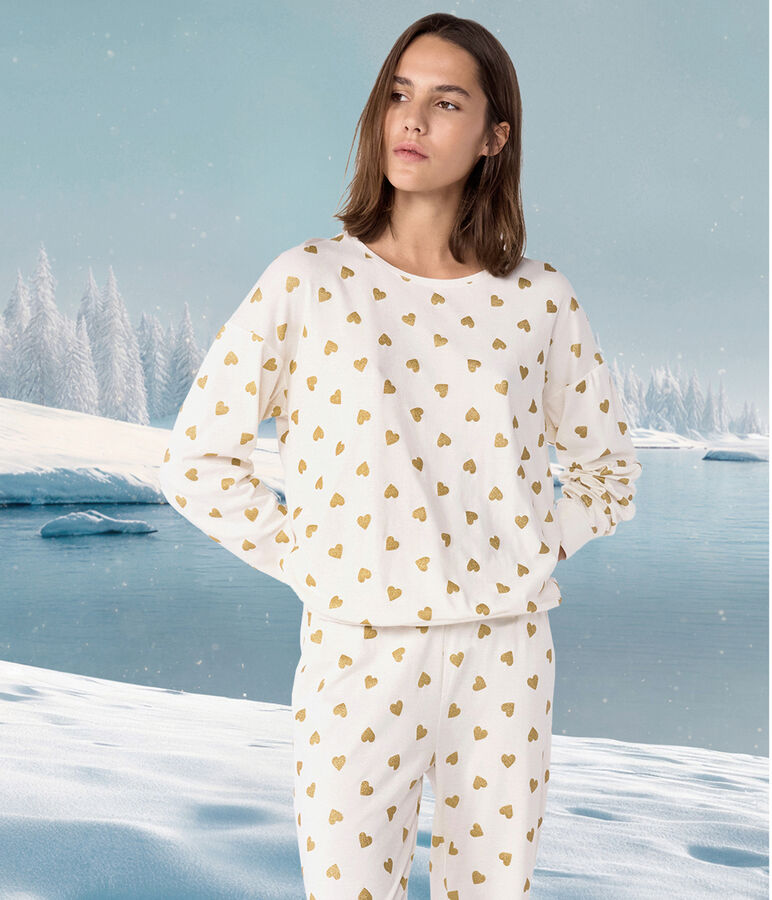Pyjama femme en coton imprim&eacute; c&oelig;urs dor&eacute;s &eacute;cru/jaune