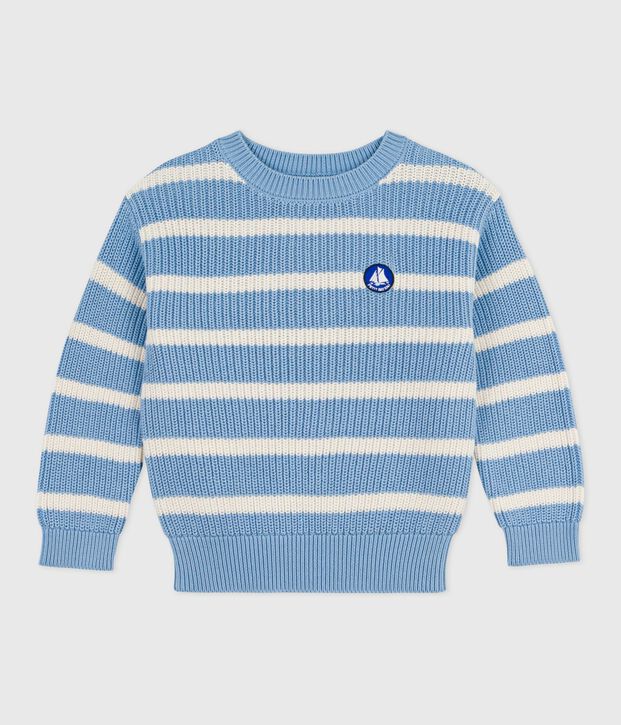 Pull enfant en tricot bleu/&eacute;cru