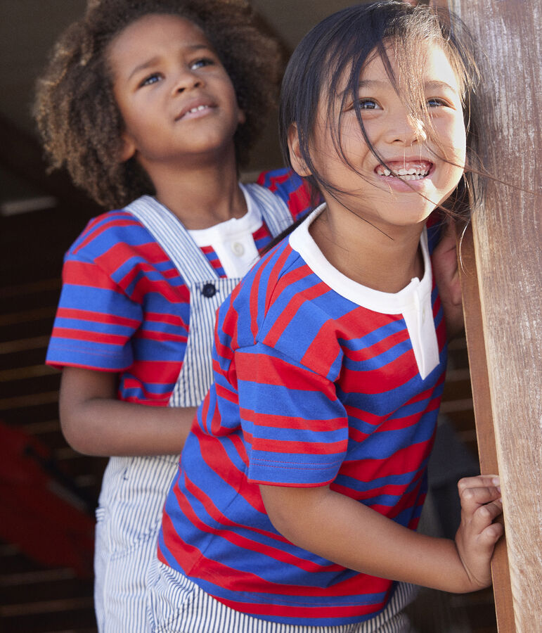 Tee-shirt ray&eacute; en coton enfant fille bleu/rouge
