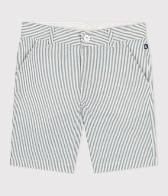 Bermuda short enfant en coton à rayures blanc MARSHMALLOW/bleu BRUT