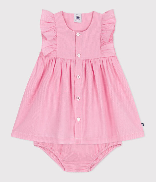 Robe b&eacute;b&eacute; en coton l&eacute;ger sans manches et bloomer, imprim&eacute;s vichy blanc/rose