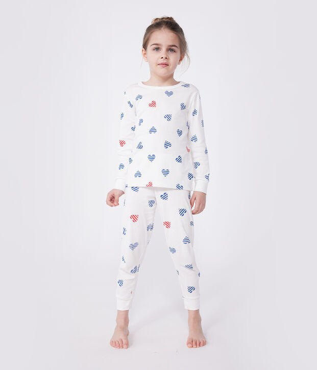 Pyjama enfant en coton manches longues imprim&eacute; c&oelig;urs blanc/multicouleur