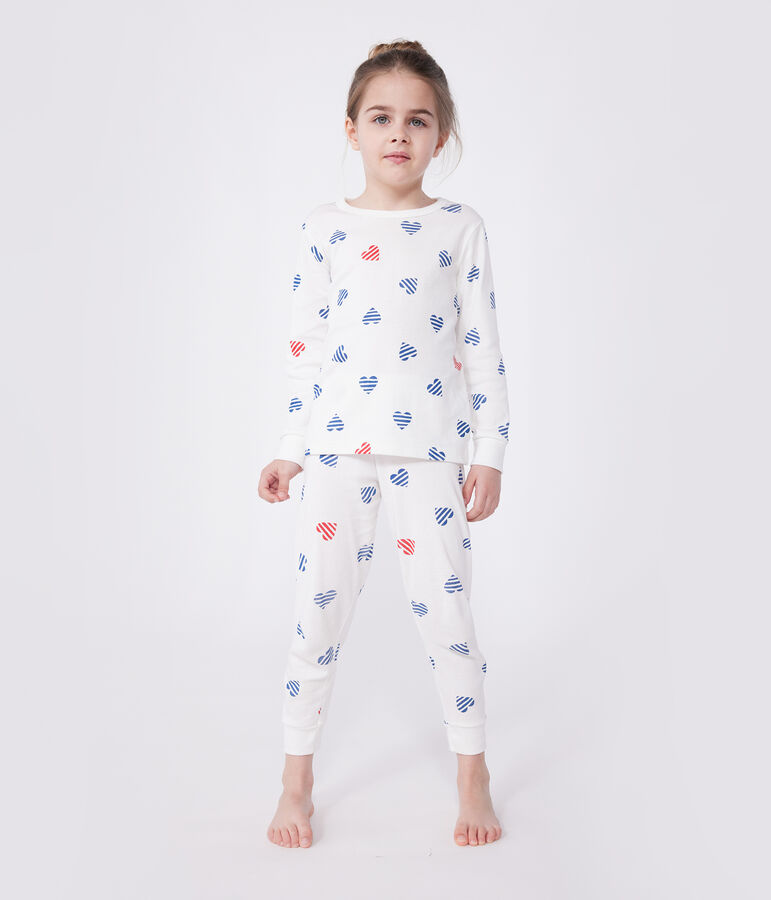 Pyjama enfant en coton manches longues imprim&eacute; c&oelig;urs blanc MARSHMALLOW/blanc MULTICO