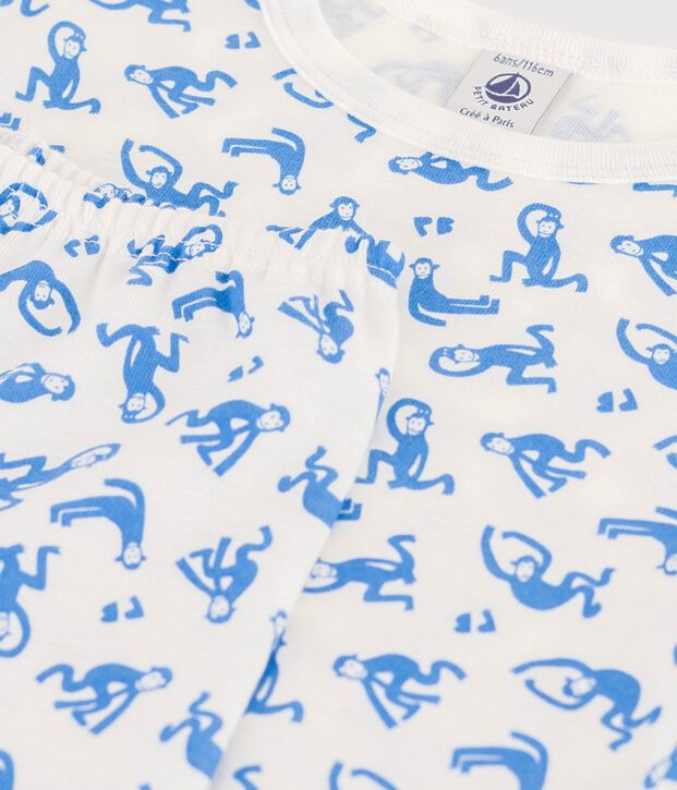 Pyjama manches courtes singes petit gar&ccedil;on en coton blanc/bleu