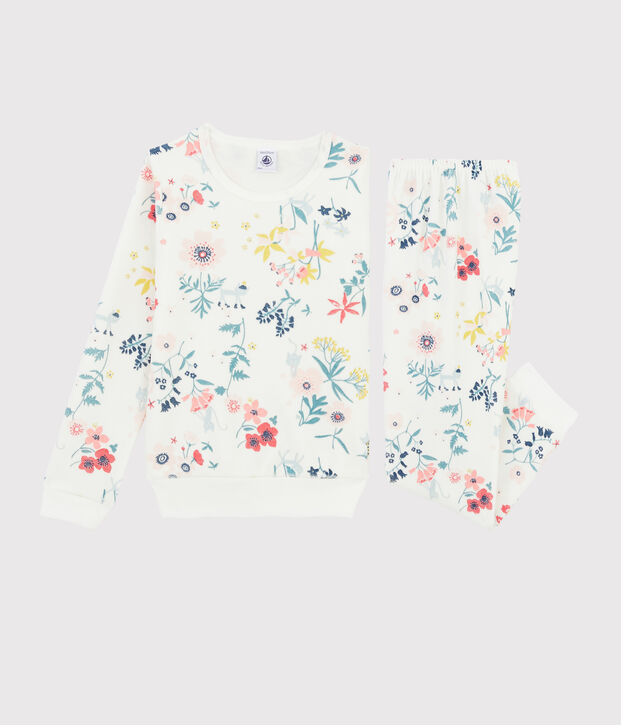 Pyjama &agrave; fleurs petite fille en velours blanc/multicouleur