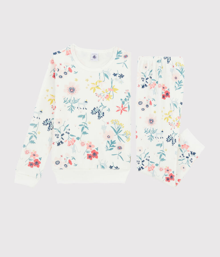 Pyjama &agrave; fleurs petite fille en velours blanc MARSHMALLOW/blanc MULTICO