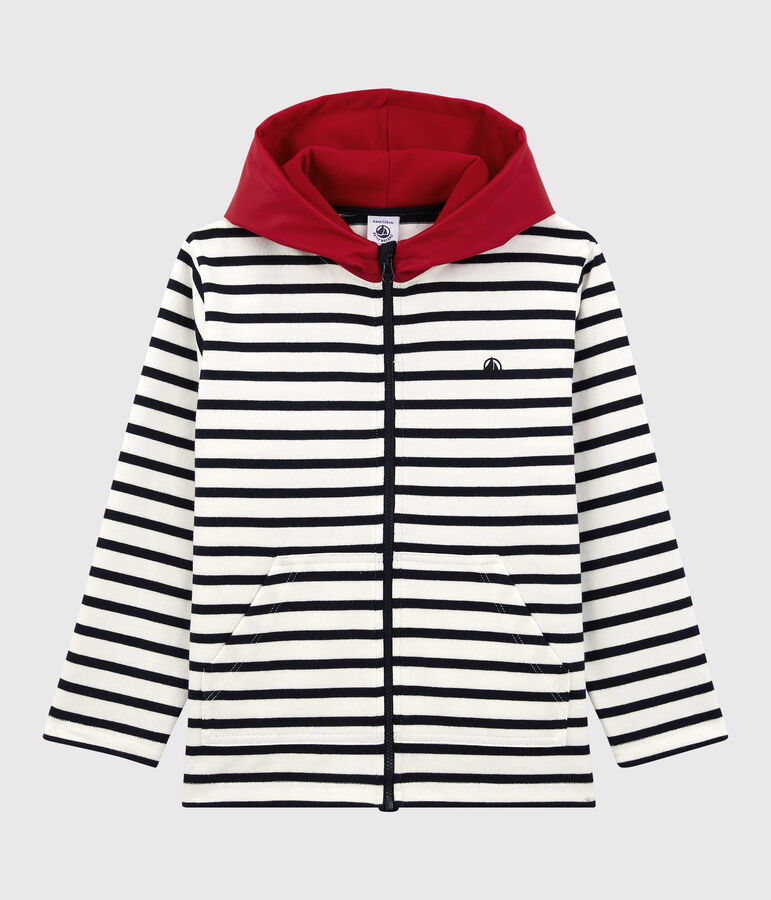 Sweatshirt coton &agrave; capuche enfant fille / gar&ccedil;on blanc MARSHMALLOW/bleu SMOKING