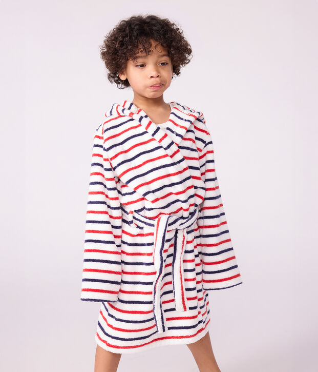 Peignoir enfant en coton &eacute;ponge &agrave; rayures blanc/multicouleur