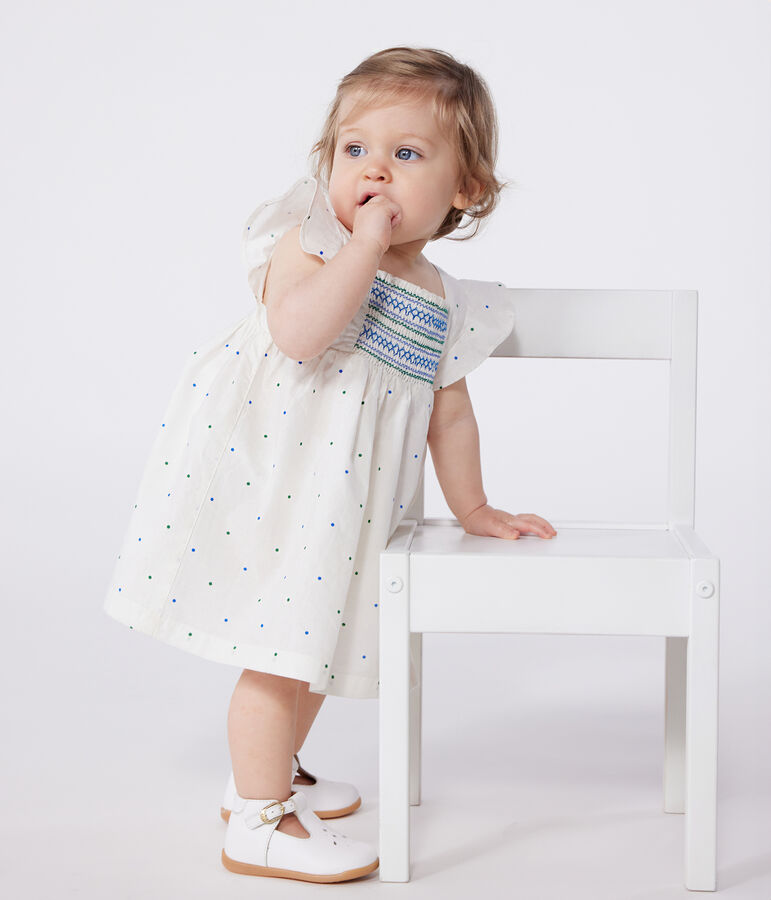 Robe blanche b&eacute;b&eacute; en coton et son bloomer, imprim&eacute;s &agrave; pois blanc MARSHMALLOW/blanc MULTICO