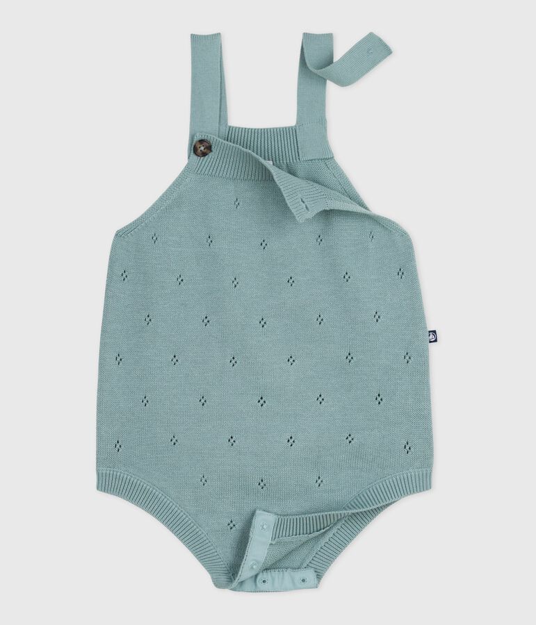 Barboteuse b&eacute;b&eacute; en tricot &agrave; point fantaisie &agrave; bretelles vert PAUL