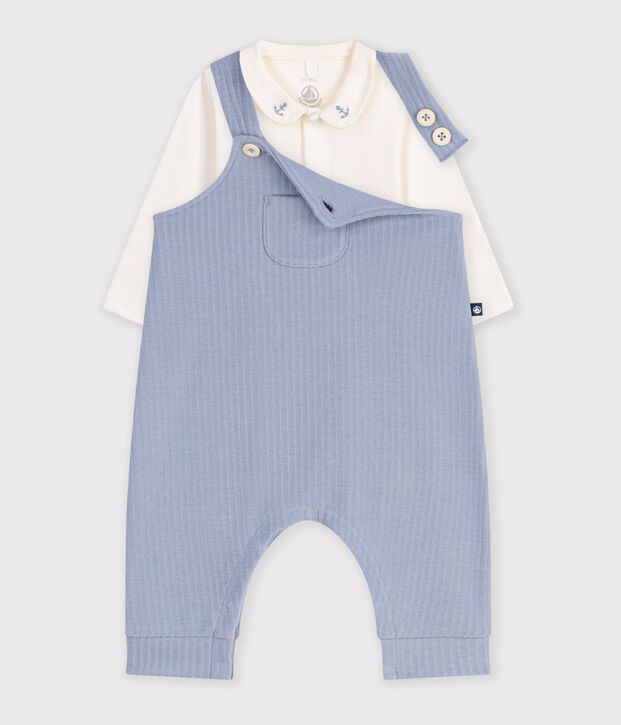 Ensemble salopette et body b&eacute;b&eacute; en coton avec col uni bleu clair