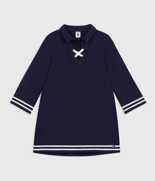 Robe enfant manches longue en coton uni bleu marine