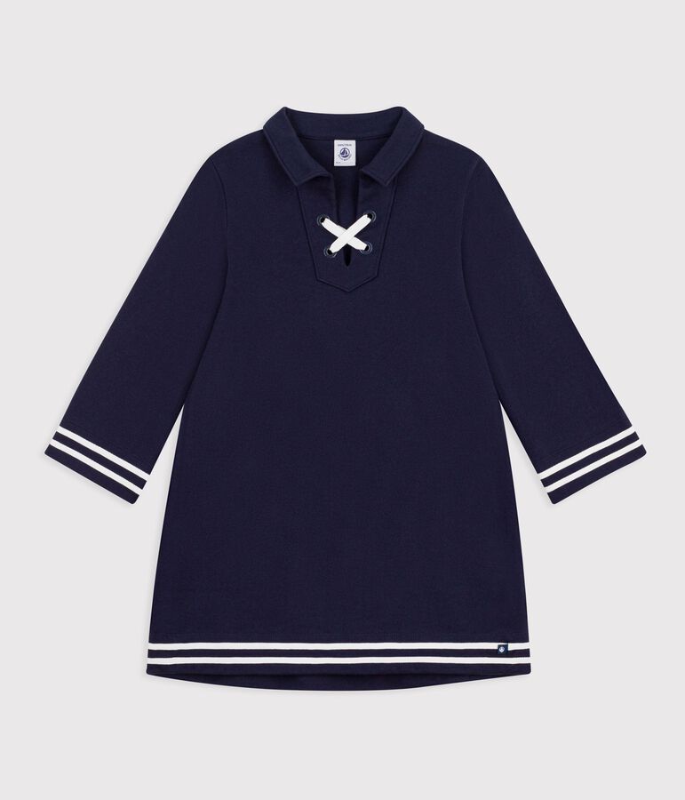 Robe enfant manches longue en coton uni bleu