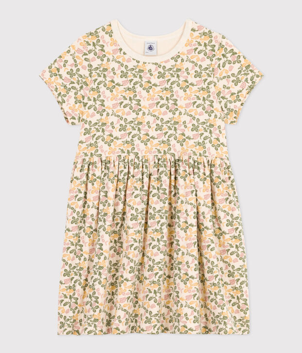 Robe imprim&eacute;e manches courtes en coton enfant fille &eacute;cru/multicouleur