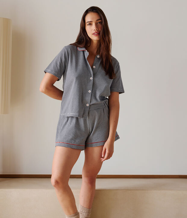 Pyjama short femme en coton boutonn&eacute; &agrave; rayures bleu/blanc