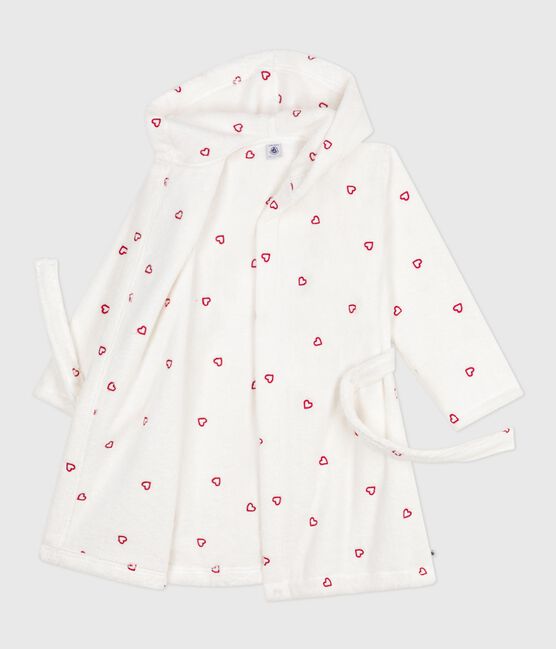 Peignoir enfant en coton éponge cœurs brodés blanc MARSHMALLOW/rouge TERKUIT