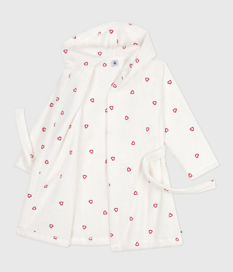 Peignoir enfant en coton &eacute;ponge c&oelig;urs brod&eacute;s blanc MARSHMALLOW/rouge TERKUIT