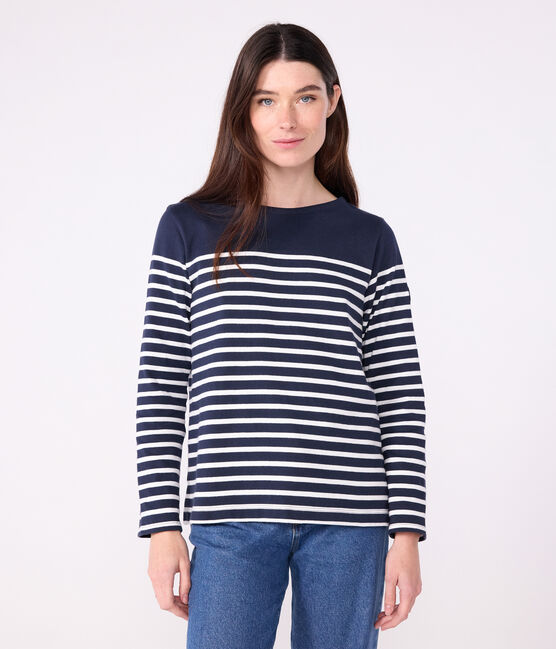 Marinière femme en coton manches longues bleu SMOKING/blanc MARSHMALLOW