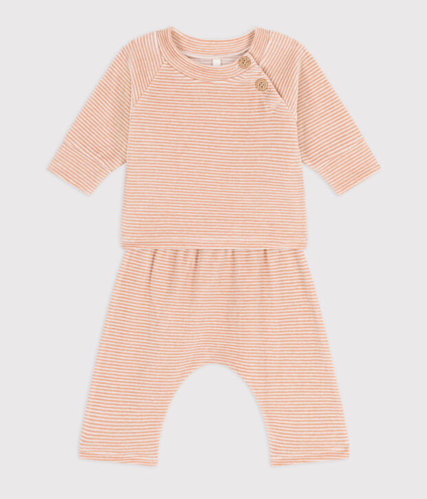 Ensemble 2 pi&egrave;ces b&eacute;b&eacute; en velours en coton beige/blanc