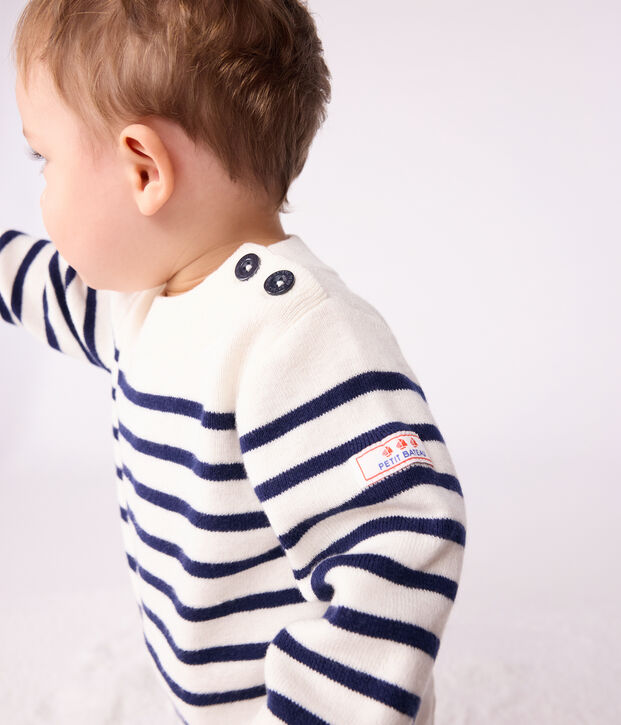 Pull marin b&eacute;b&eacute; en laine et coton &agrave; rayures bleu/bleu
