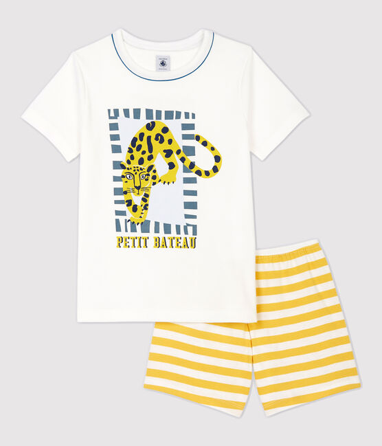 Pyjacourt motif panthère petit garçon en coton blanc MARSHMALLOW/jaune OCRE