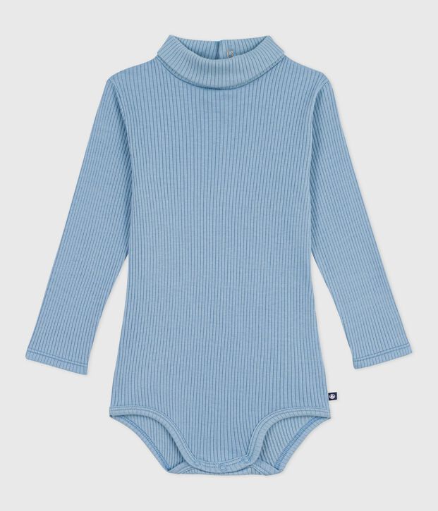 Body b&eacute;b&eacute; col roul&eacute; en coton uni bleu