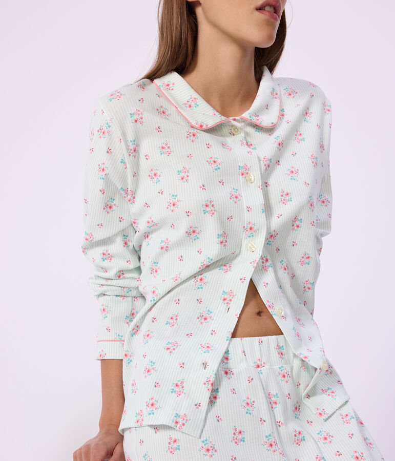 Pyjama boutonn&eacute; femme en coton imprim&eacute; blanc MARSHMALLOW/blanc MULTICO