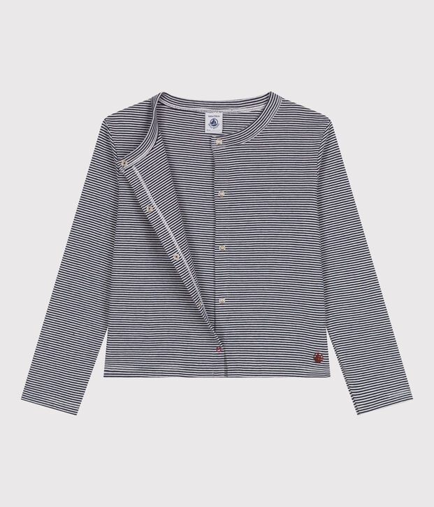 Cardigan enfant en coton &agrave; rayures bleu/blanc