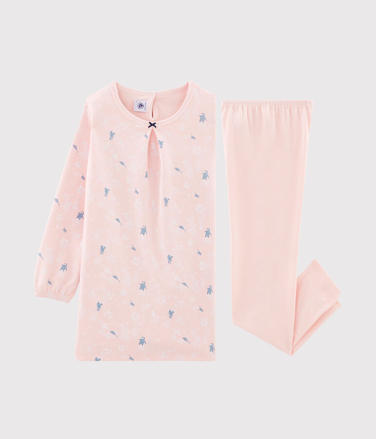 Chemise de nuit manches longues imprim&eacute;e pingouin petite fille en jersey double face rose/multicouleur