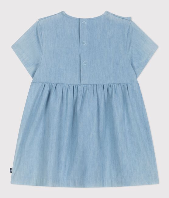 Robe bébé en coton manches courtes en chambray, brodée de cœurs bleu BLEU CLAIR