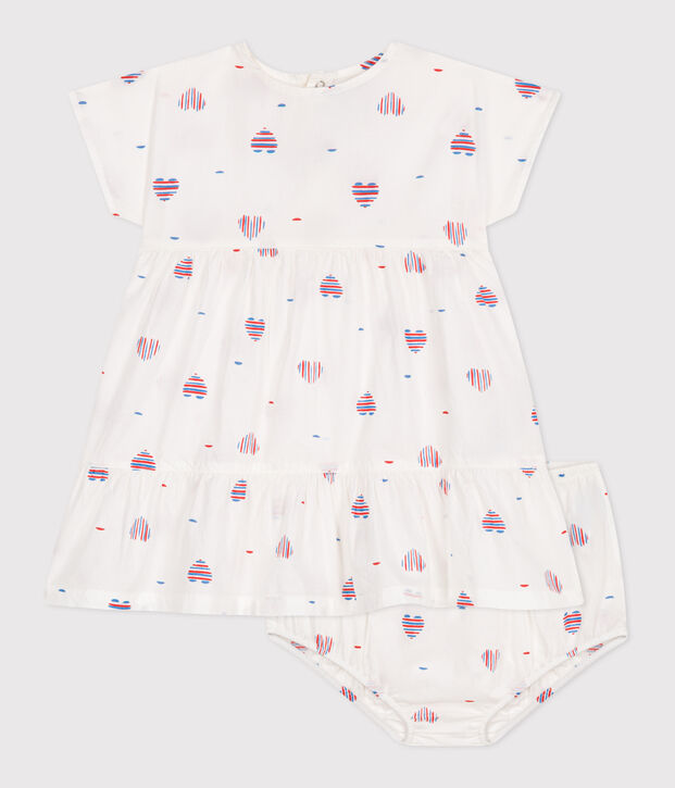 Robe b&eacute;b&eacute; en coton manches courtes et bloomer, imprim&eacute;s c&oelig;urs &eacute;cru/multicouleur