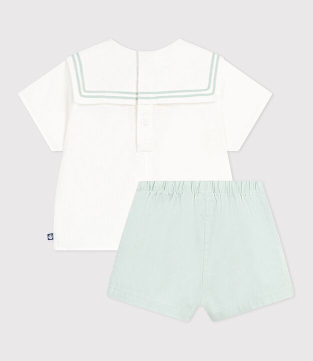 Ensemble b&eacute;b&eacute; 2 pi&egrave;ces en coton/lin, haut col marin blanc/bleu