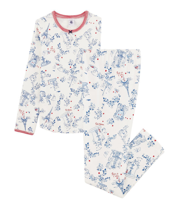 Pyjama petite fille en c&ocirc;te blanc/multicouleur