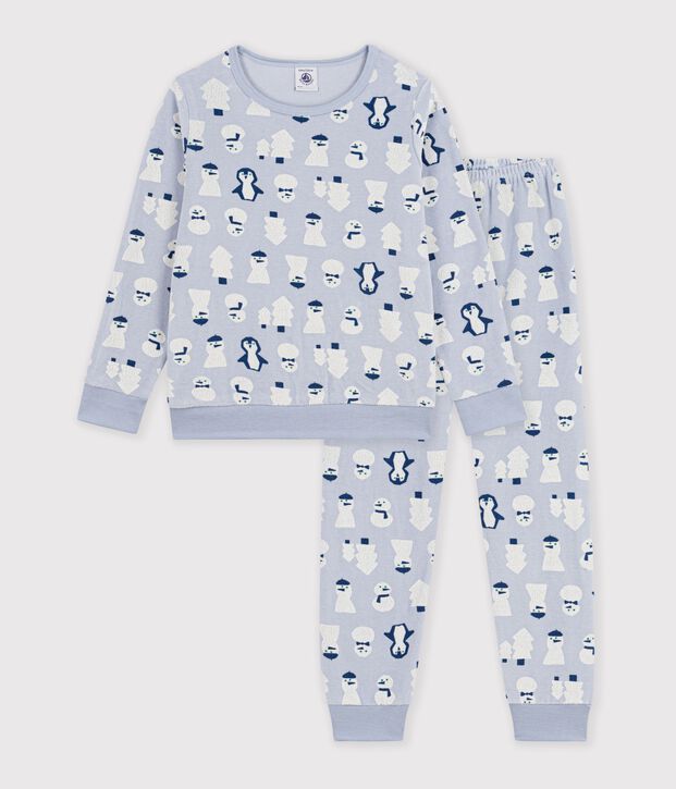 Pyjama enfant en velours imprim&eacute; bonhommes de neige bleu/multicouleur