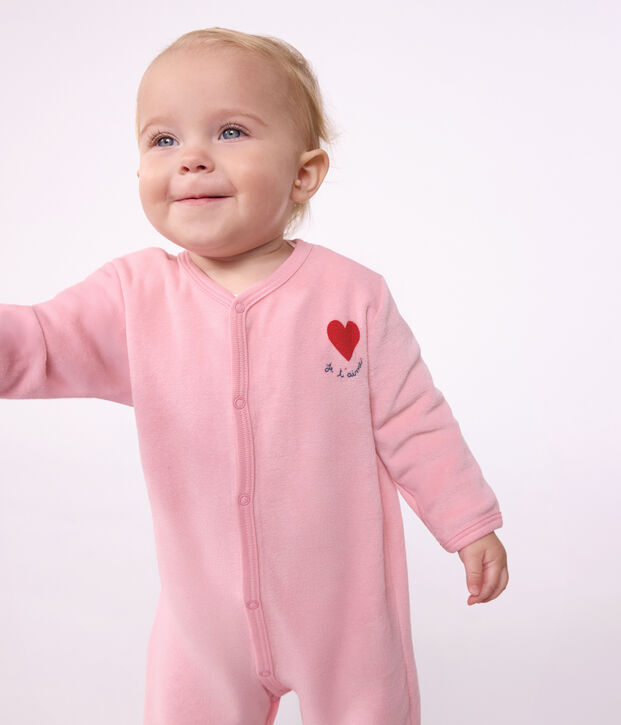 Pyjama b&eacute;b&eacute; en velours uni avec motif plac&eacute; rose clair