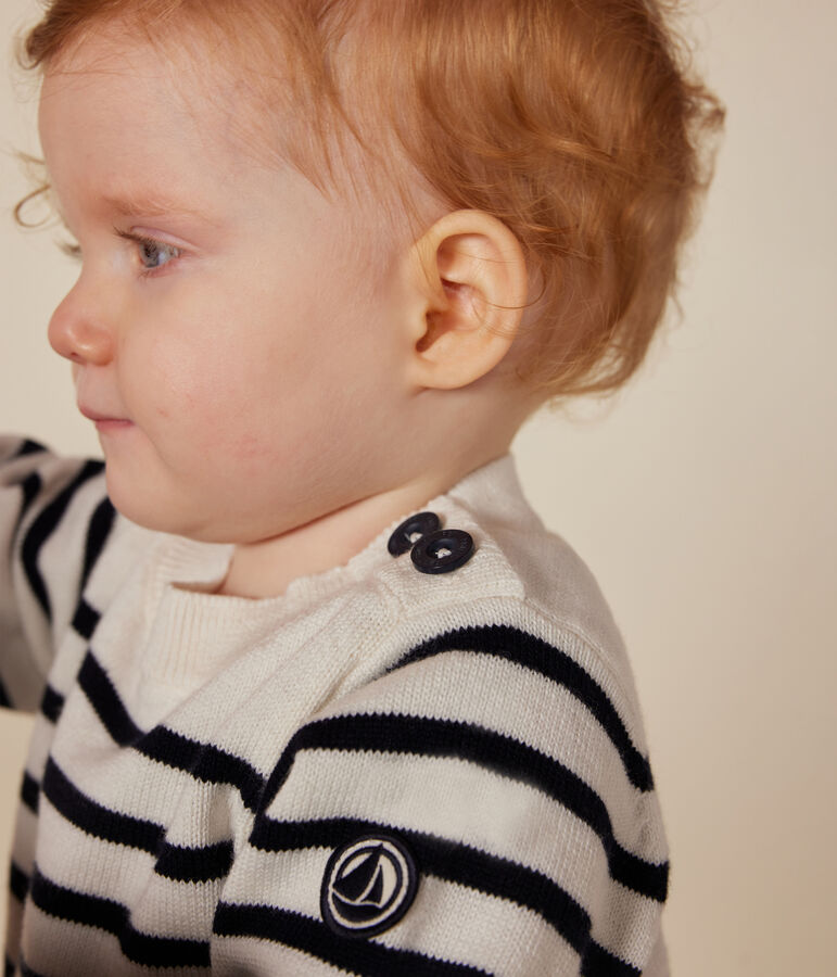 Pull en tricot de laine et coton b&eacute;b&eacute; blanc MARSHMALLOW/bleu SMOKING