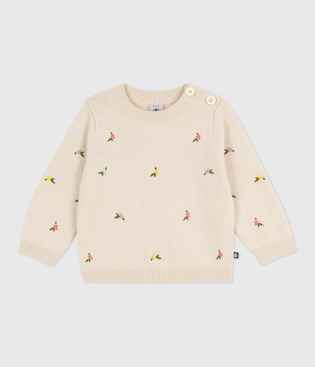 Pull b&eacute;b&eacute; en laine et coton &agrave; fleurs brod&eacute;es &eacute;cru/multicouleur