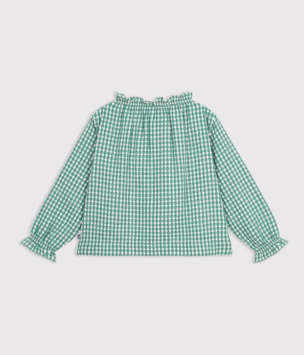 Blouse enfant en coton &agrave; col manches longues imprim&eacute;e vert/blanc