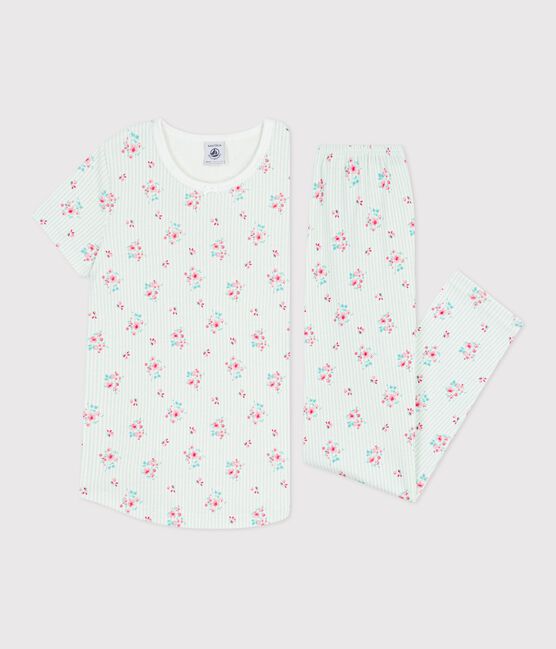 Pyjama enfant en coton manches courtes jambes longues fleuri blanc MARSHMALLOW/blanc MULTICO