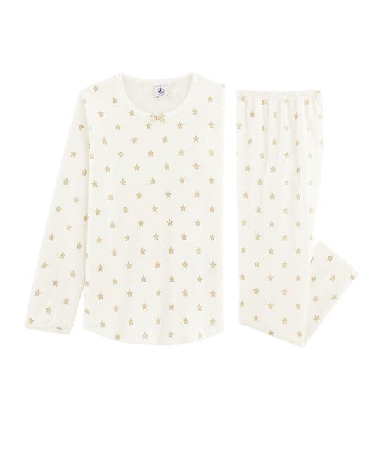 Pyjama à étoiles petite fille en côte blanc MARSHMALLOW/jaune OR