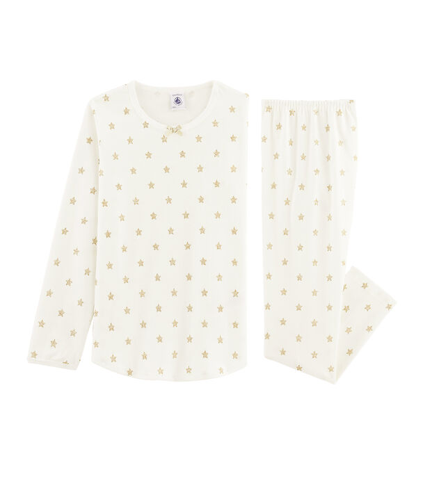 Pyjama &agrave; &eacute;toiles petite fille en c&ocirc;te blanc/jaune