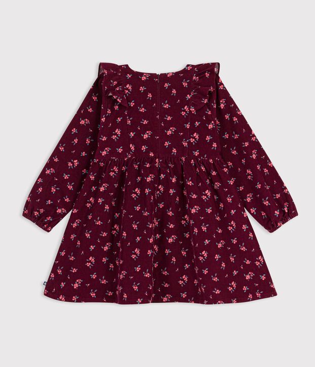 Robe enfant en velours manches longues &agrave; fleurs rouge/multicouleur