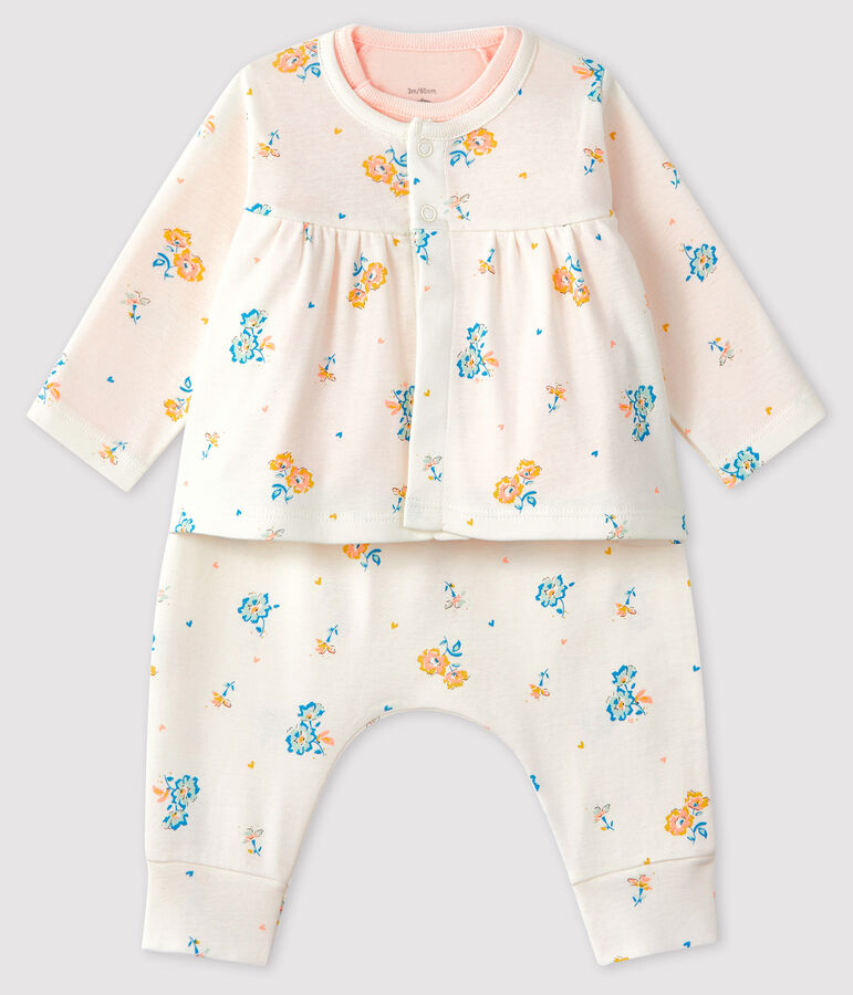 Ensemble 3 pi&egrave;ces b&eacute;b&eacute; fille en c&ocirc;te blanc MARSHMALLOW/blanc MULTICO
