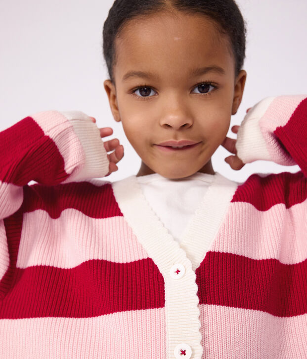 Cardigan enfant en laine et coton &agrave; rayures rose/rose